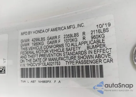 2020 Honda Accord Lx из США, поврежденный, VIN 1HGCV1F13LA021753